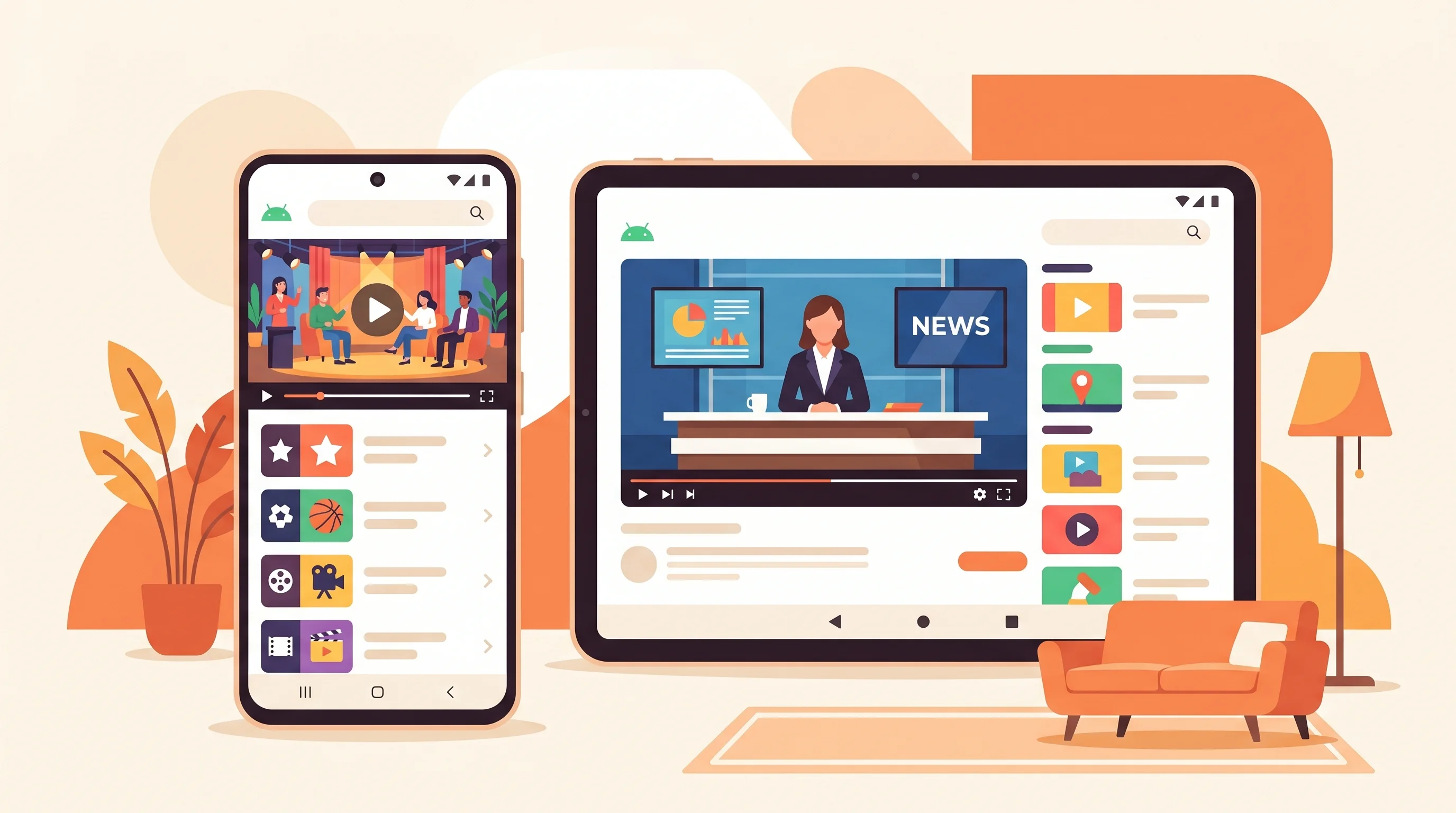 IPTV app op een Android telefoon en tablet met een zenderlijst