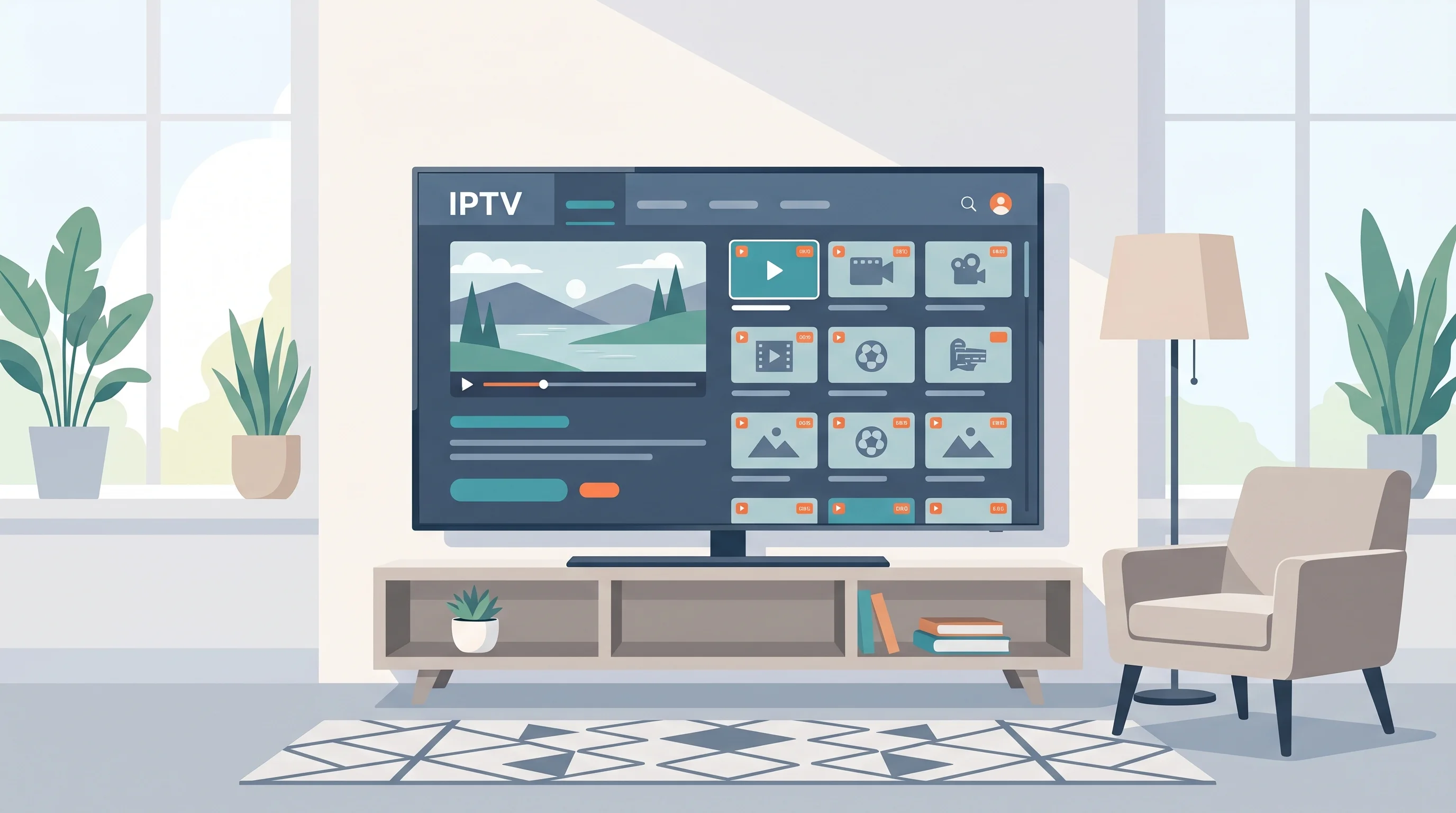 IPTV app geopend op een Samsung Smart TV met zenders en videospeler